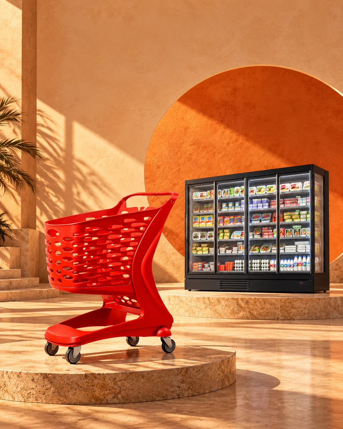 Red Shopline shopping trolley and glass-door refrigeration cabinet in a warm architectural setting